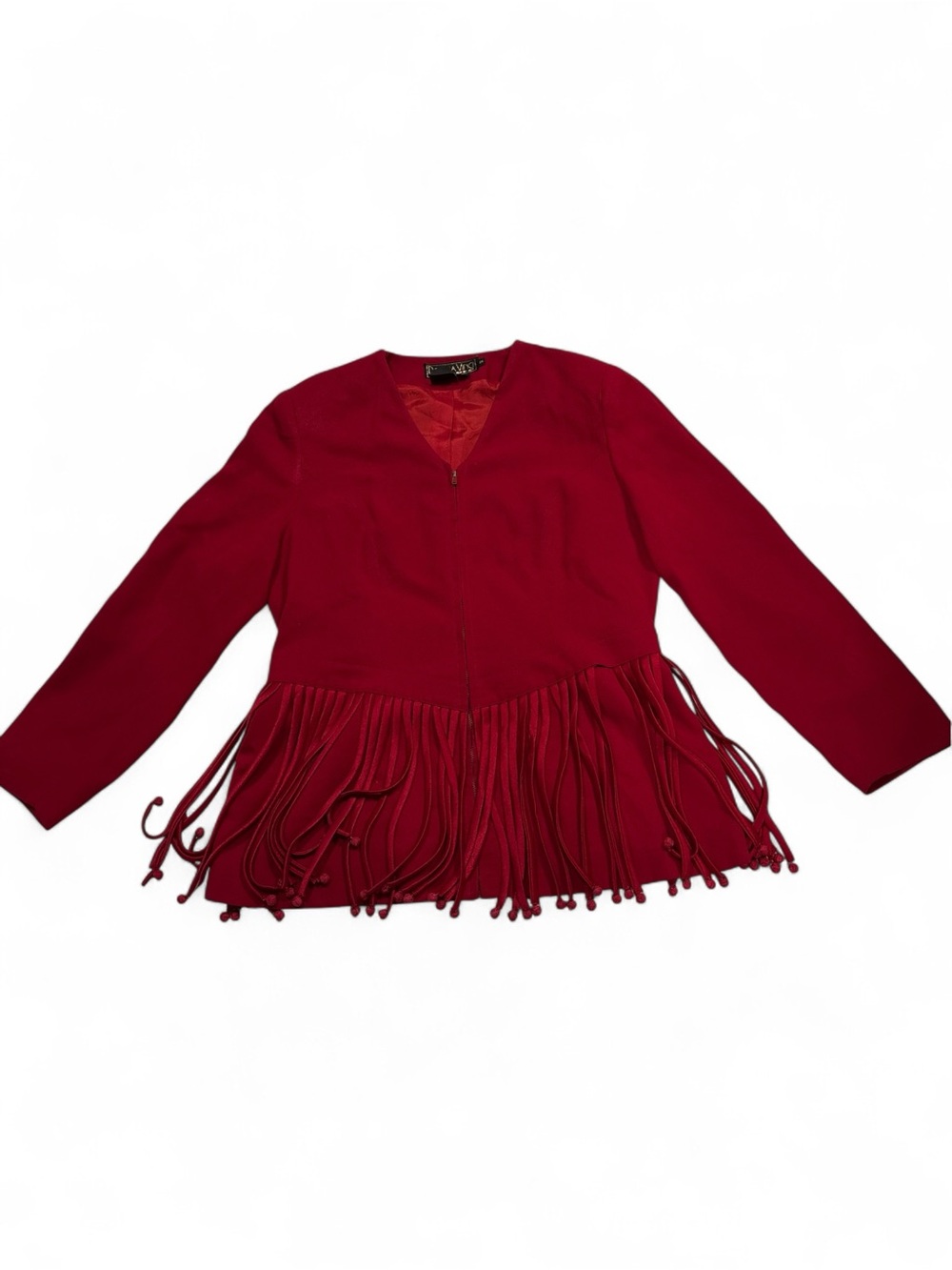 Donna Vinci Vintage Red Zip-Front Jacket with Beaded Fringe Hem, Vintage SZ. 14